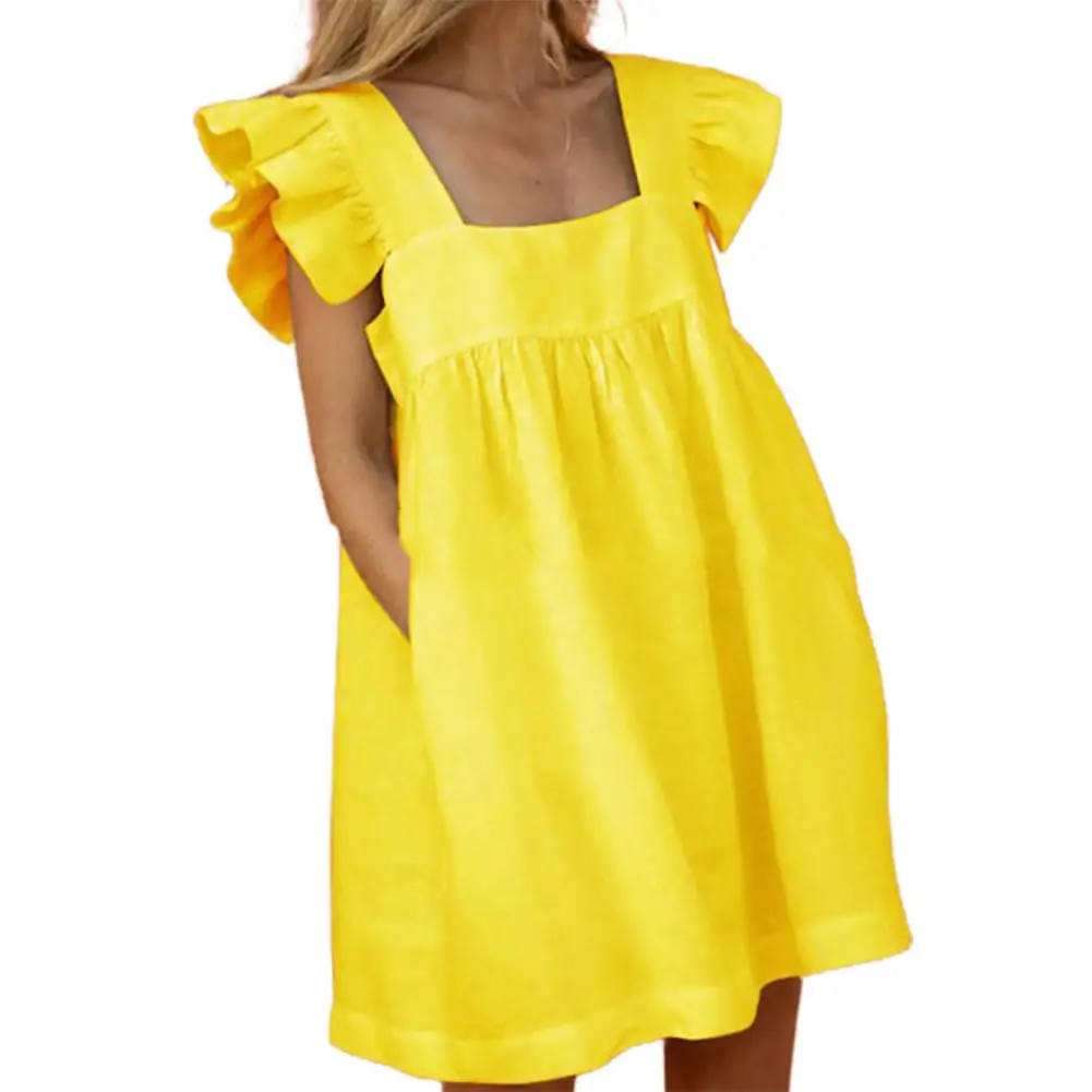 

Women Ruffled Mini Dress Summer Cute Square Collar Pocket Dresses Elegant Sleeve Beach Party Female Dresses Vestidos