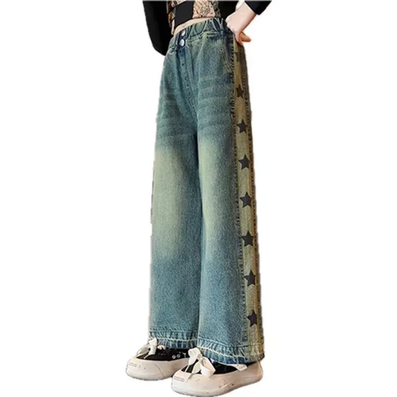 

Jeans For Girl Vinatge Side Star Print Straight Wide Leg Pants Spring Autumn Children Casual High Quality Teenager Clothes 4-14Y