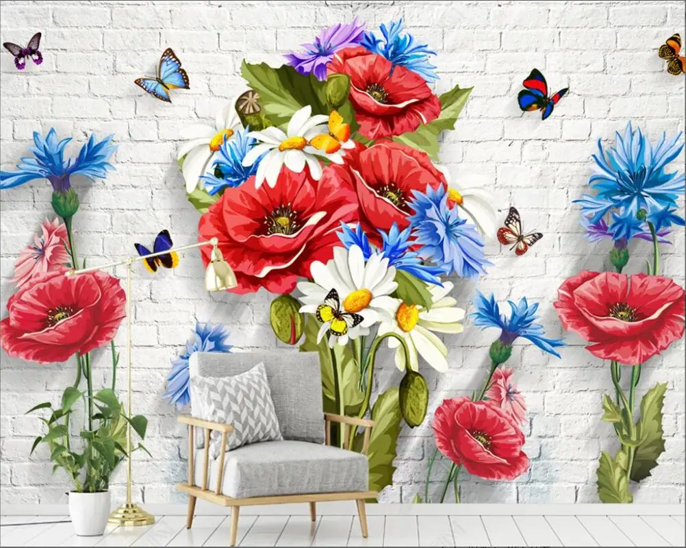 

3d photo Wallpapers custom mural Bright chrysanthemum brick wall flowers painting home decor living room wallpaper for walls 3d