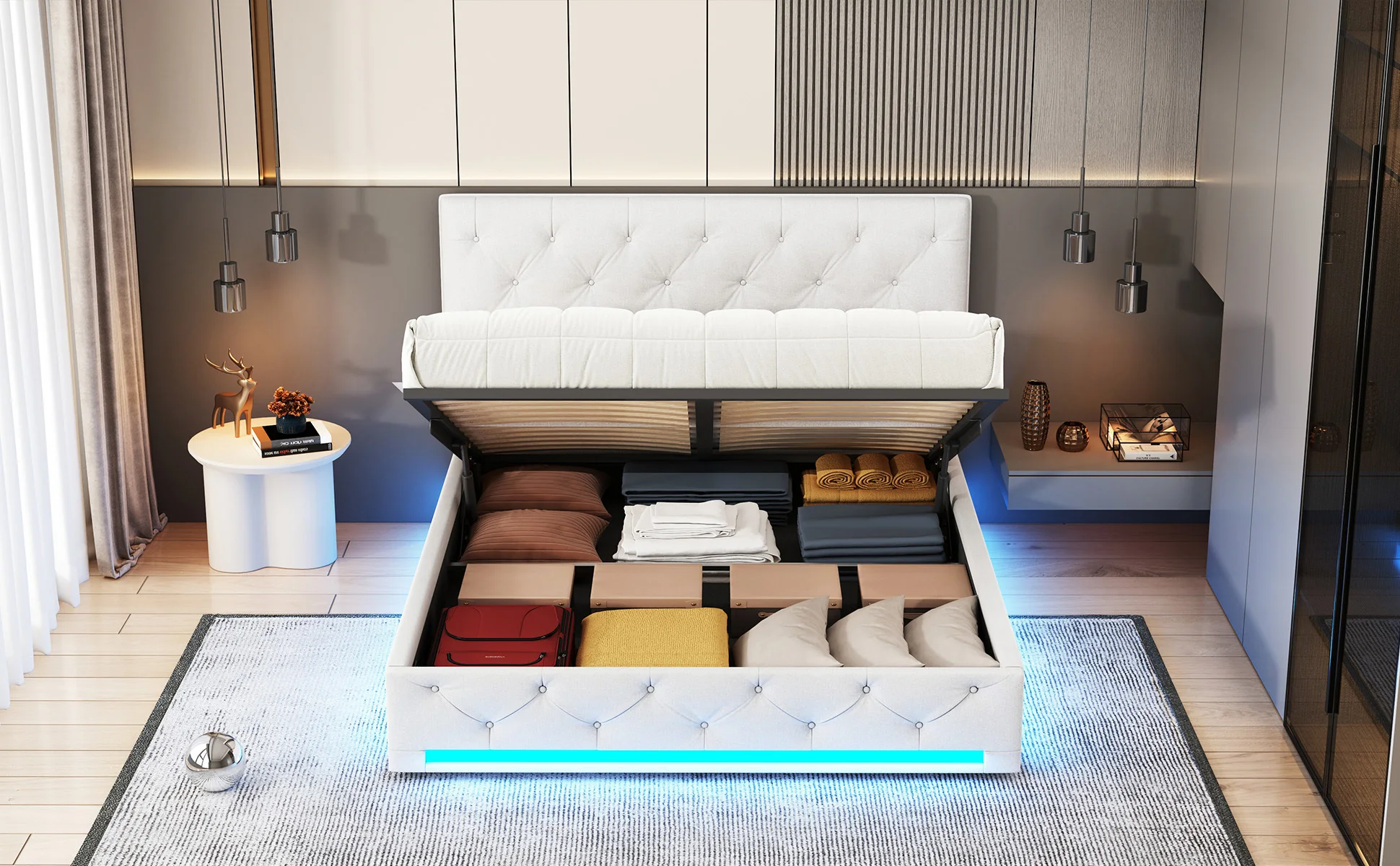 Rosahqnda Polsterbett mit LED, Doppelbettgestell 140–160 x 200 cm, verstellbares Kopfteil, Stauraumbett, Jugendbett, Leinen, Weiß – Detail 6