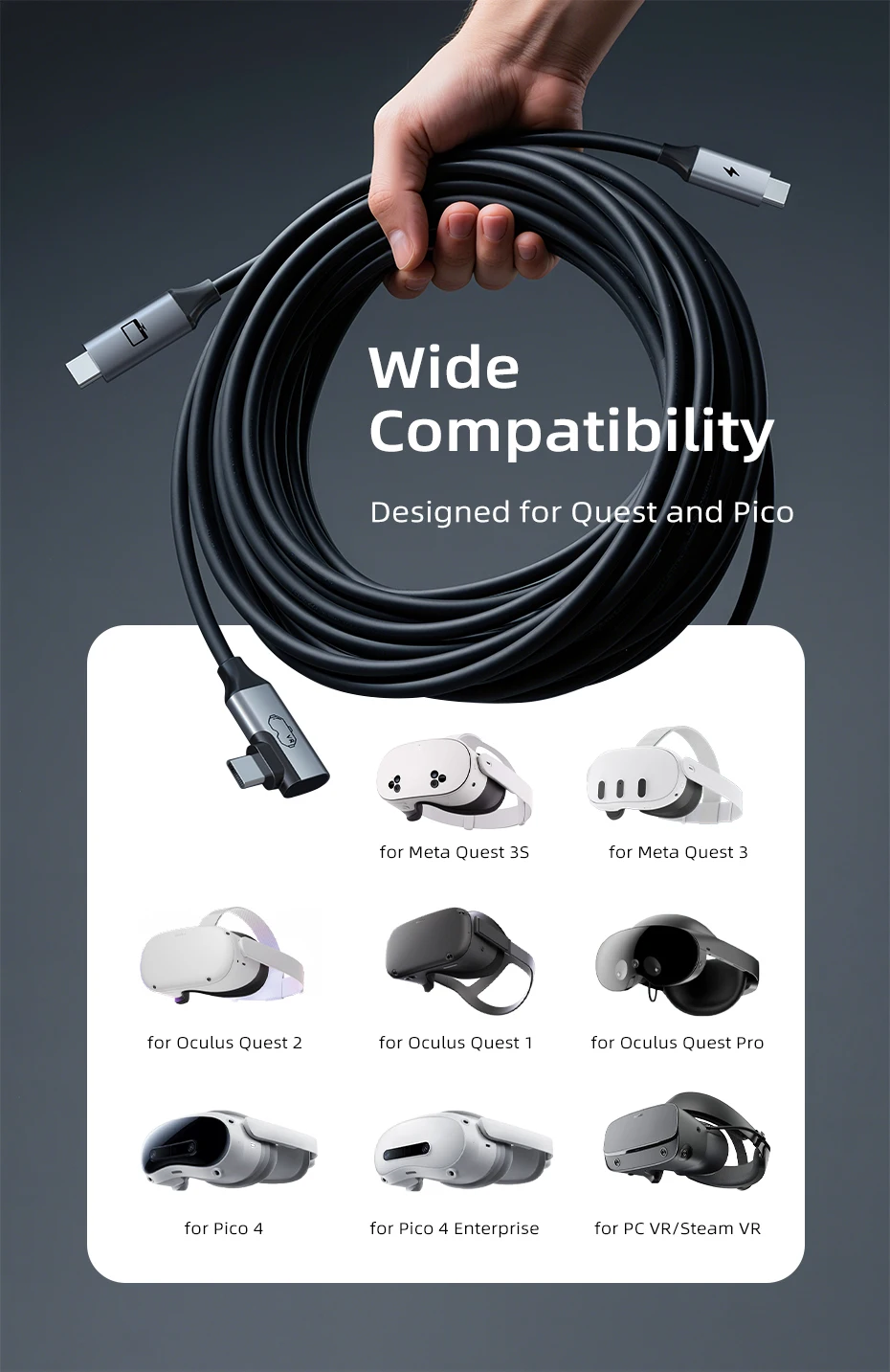 CABLETIME VR-Link-Kabel 16FT mit 18W Ladefunktion – Kompatibel mit Meta Quest 3S/3/2/Pro, Oculus Quest, Pico 4, PC VR, Steam VR – Detail 5
