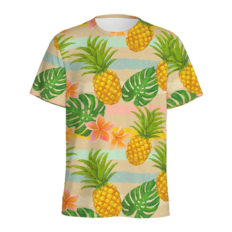 

Футболка мужская с 3D-принтом ананаса, модная пляжная тенниска с графическим принтом Гавайских фруктов, топ с коротким рукавом и круглым вырезом для отпуска, на лето