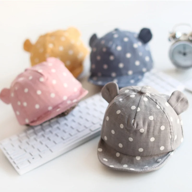 

Детские шапки 2022, летняя детская хлопковая кепка с козырьком, милая детская мягкая шапка в горошек с 3D рисунком ушей