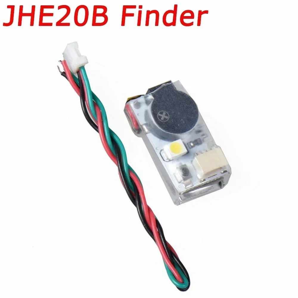 Vue rapprochée du buzzer de recherche pour drone JHE42B, LED clignotante et bouton d'activation sur le côté.