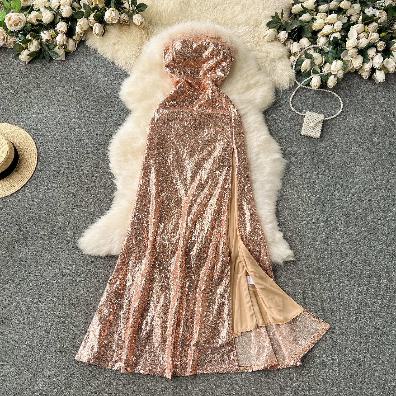 

Sexy Fluffy Strapless Split Dress Chic Vintage Evening Party Club Dress Women Chic Slim Ceremonial Trumpet Dress