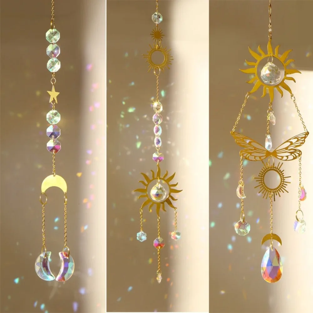 Sun Moon Star Crystal Sun Catcher Stained Glass Balcony Yard Window Drop Bell Party Decor Rainbow Prism Wind Bell Pendant