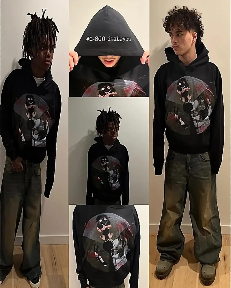 Y2k Streetwear Gothic Cartoon Letter Oversized Hoodie Men's Fashion Harajuku Loose and Versatile Long Sleeve Hoodie 6
