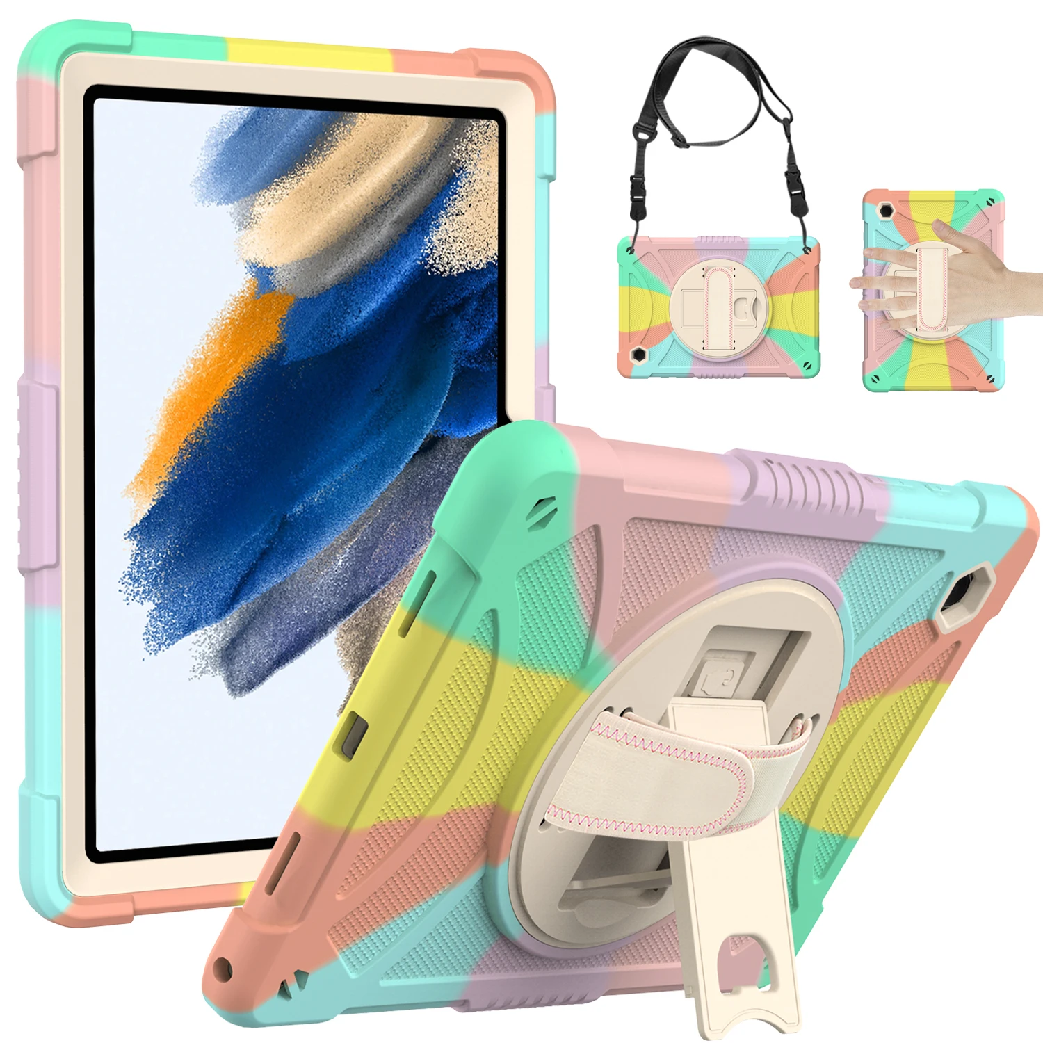 

Вращающийся на 360 градусов чехол для Samsung Galaxy Tab A8 10,5 2021 дюйма Стандартный гибридный защитный чехол с откидной ножкой и плечевым ремнем