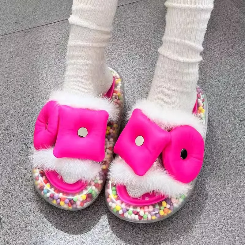 

Girly Pink Plush Slippers Personality Candy Color Thick Sole Slippers Transparent Air Cushion Sandals Cute Muffin Bread Slippers