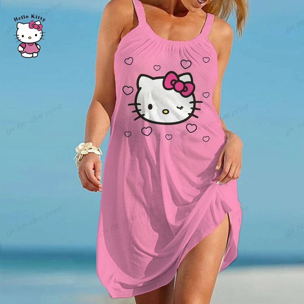 

Женское платье-миди с коротким рукавом, круглым вырезом и принтом Hello Kitty