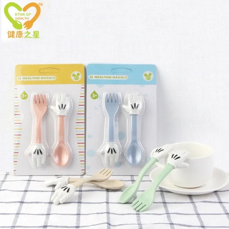 Kids Tableware Disney Mickey Minnie Mouse Wheat Straw Kids Dishes Cartoon Cute Tableware Stainless Steel Set Dinner Children Feeding Spoon Fork