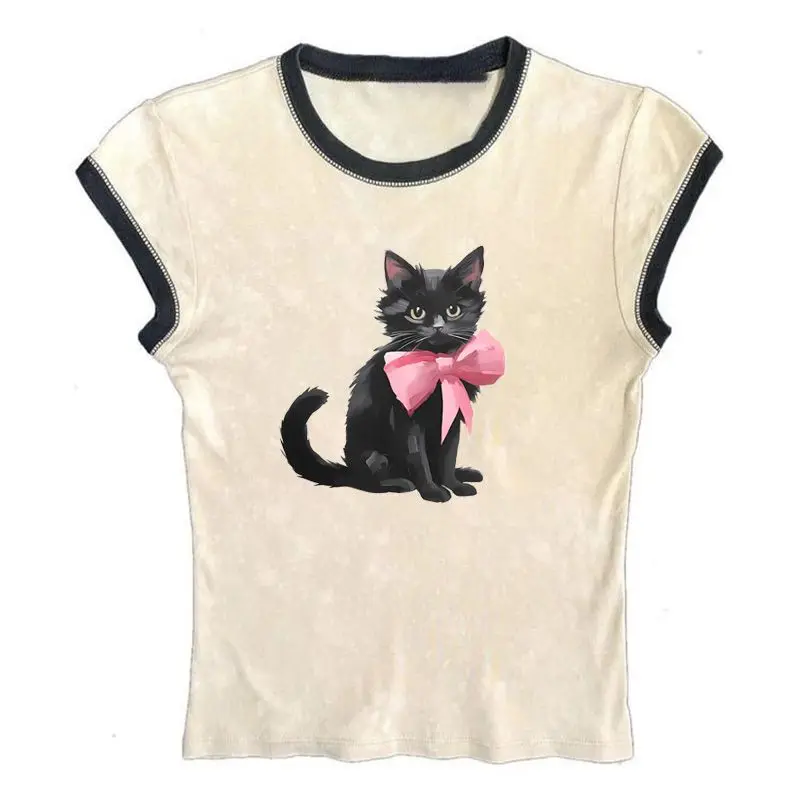 

Кроп-топ Y2k женский в стиле Харадзюку, Готическая Футболка с принтом милого кота, уличная одежда в стиле Харадзюку, Приталенная футболка с графическим принтом, кавайная летняя сексуальная женская одежда