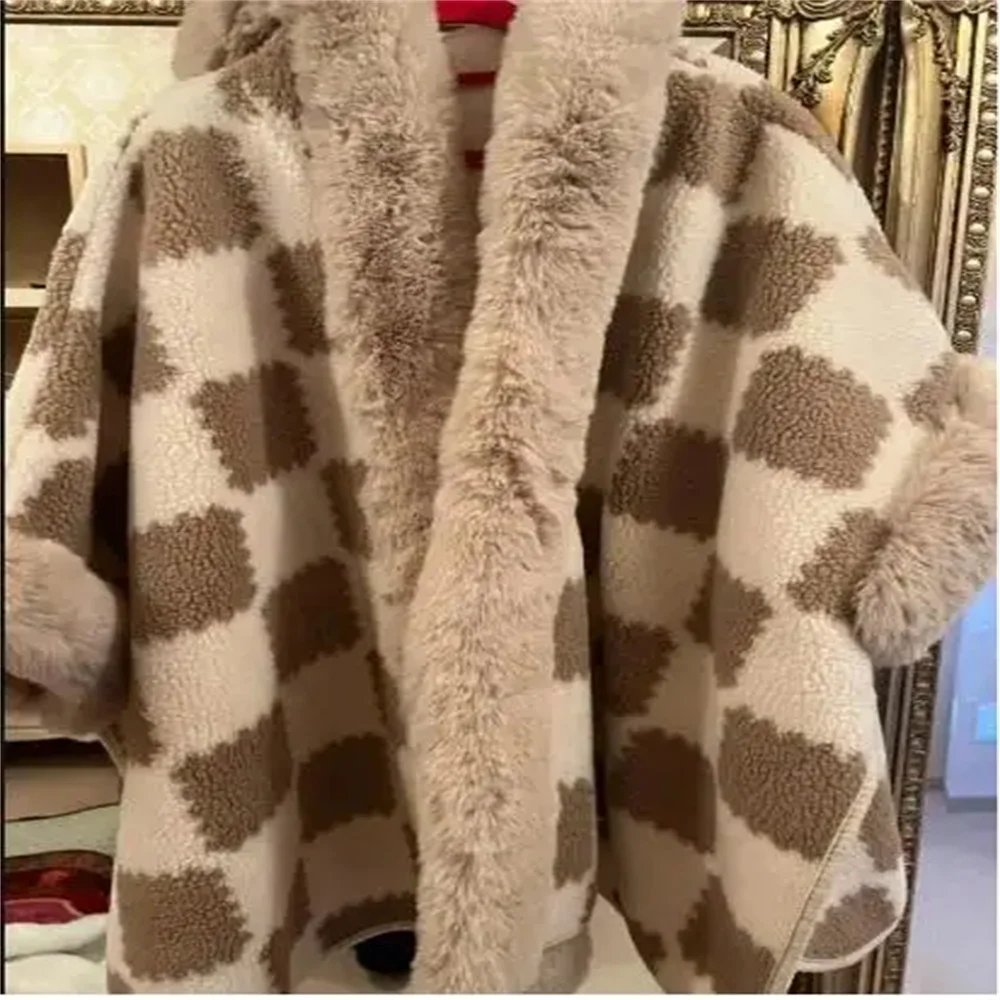 8 Colors Plaid Lamb Women Batwing Sleeves Long Poncho Cloak Winter Thick Out Streetwear Faux Woolen Loose Overcoat With Hat