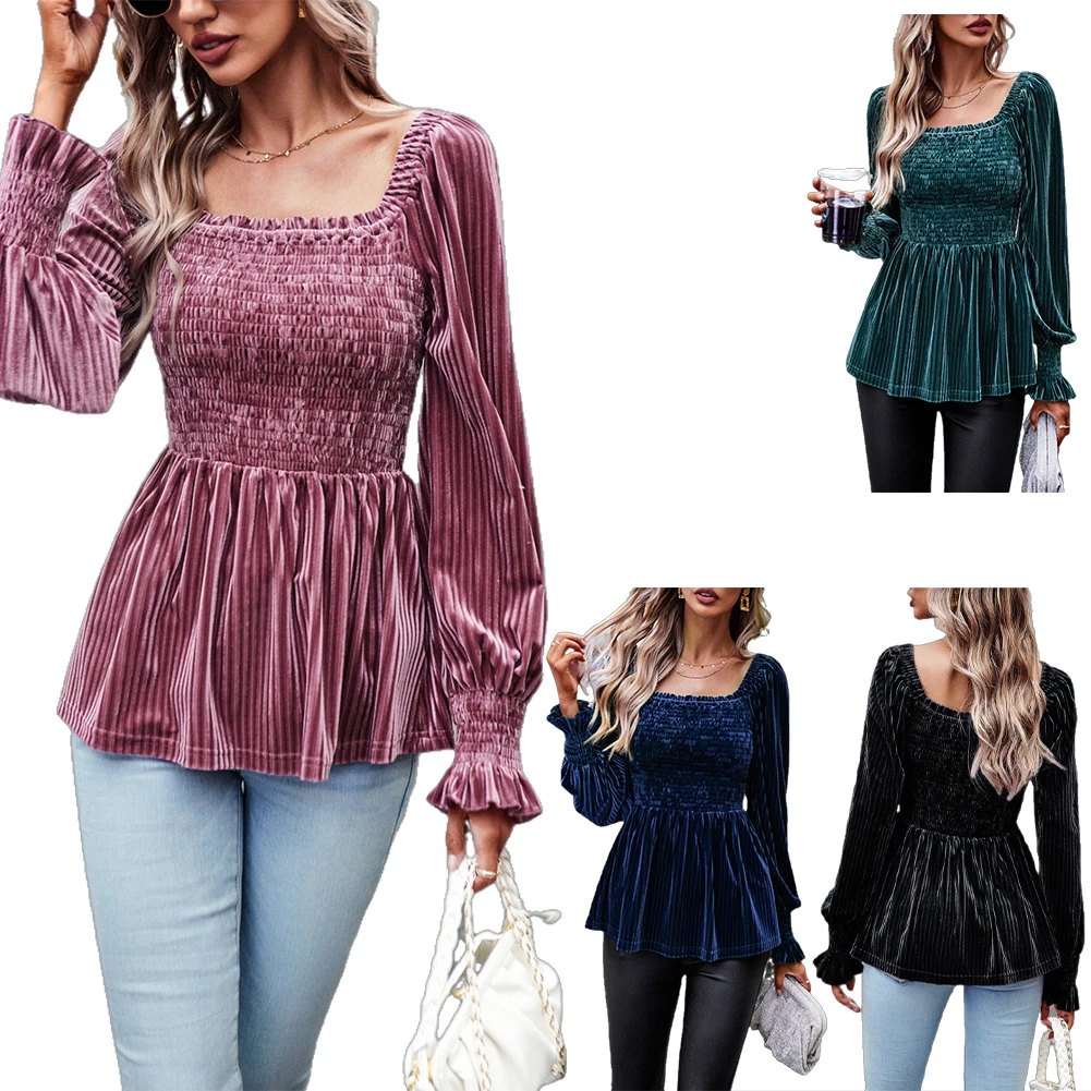 

Women Velvet Square Collar Blouse Solid Color Polyester Long Puff Sleeve Ruffle Hem Slim Fit Pullover Tops For Date Party Travel