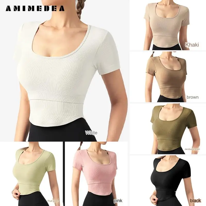 European American Thin Tall Sports Casual T-Shirts Female Running Fitness Round Neck Short Sleeve Yoga Top