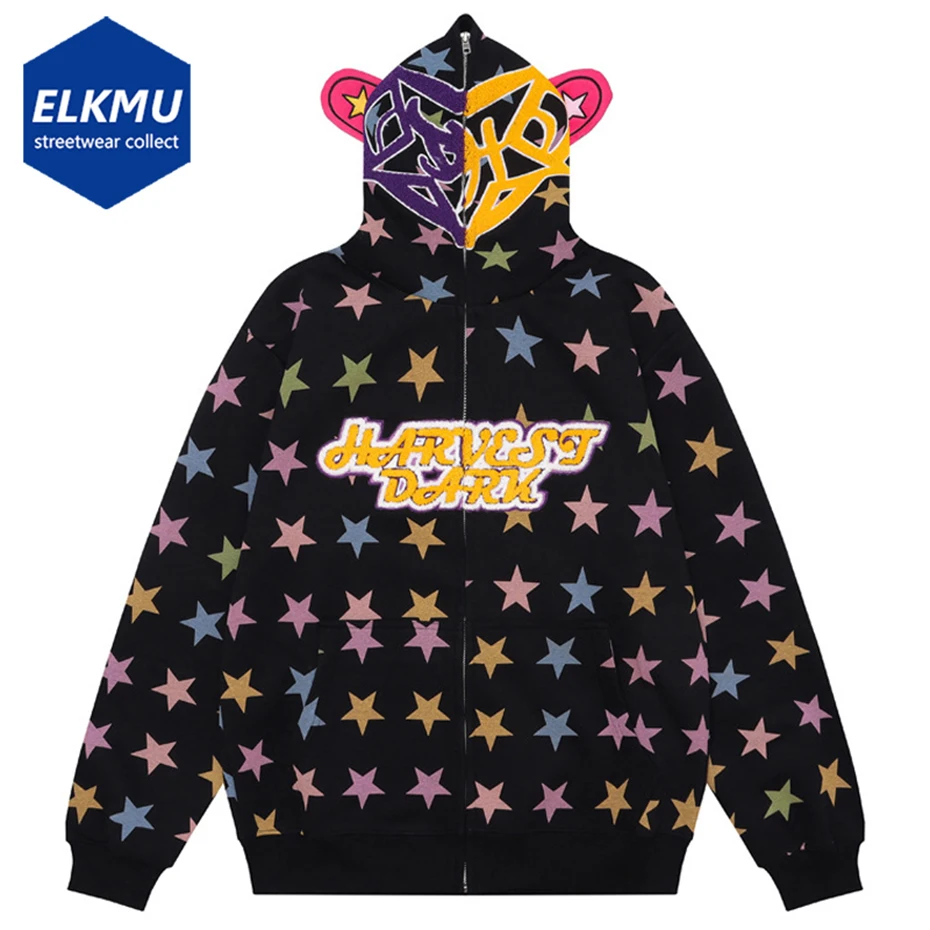 

Star Printed Hoodie Zipper Coat Men Oversized Hip Hop Streetwear Hoodies Harajuku Black White Loose Sweatshirt