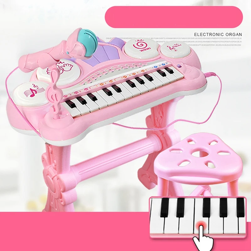 Brinquedo piano infantil clássico para bebês em madeira com banco e suporte  para música rosa em 30 teclas - AliExpress