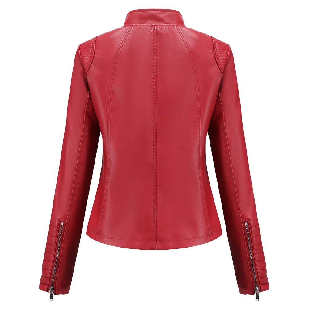 Faux Leather Women Coat Pu Coats Thin Jacket Full Sleeve Stand Collar Slim Fit Solid Sexy Regular Jackets Zipper Casual Splice