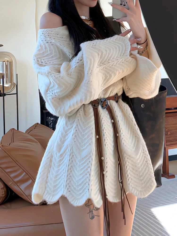 New Elegant Ladies Sweater One Shoulder Irregular Hollow Lace Long Sleeve Sexy Knitted Long Top