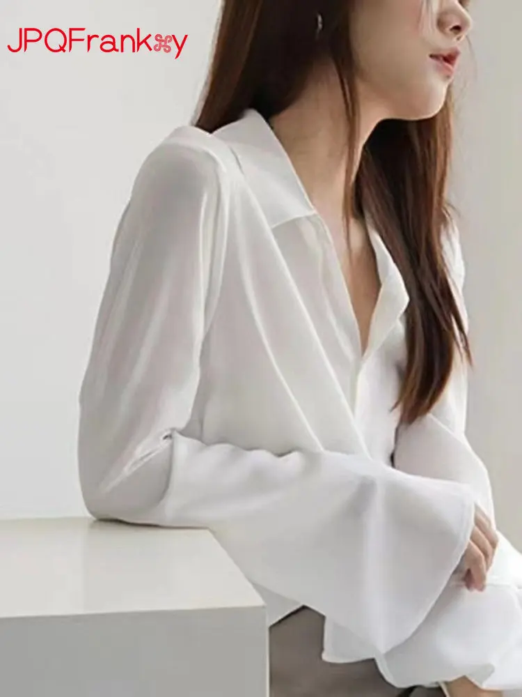 

White Chiffon Shirt Women's Career 2024 Spring New Flare Sleeve Top OL Premium Feeling Westernized Backing Shirt Blouse Womens