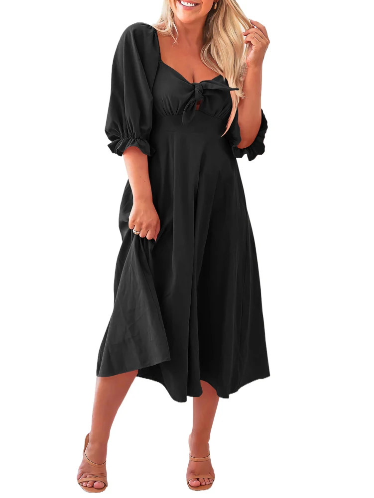 

Women's Loose Dreses Summer Bow Tie V-neck Mid Waist Dresses Casual Solid Color Lantern Sleeve Ruffle Skirts