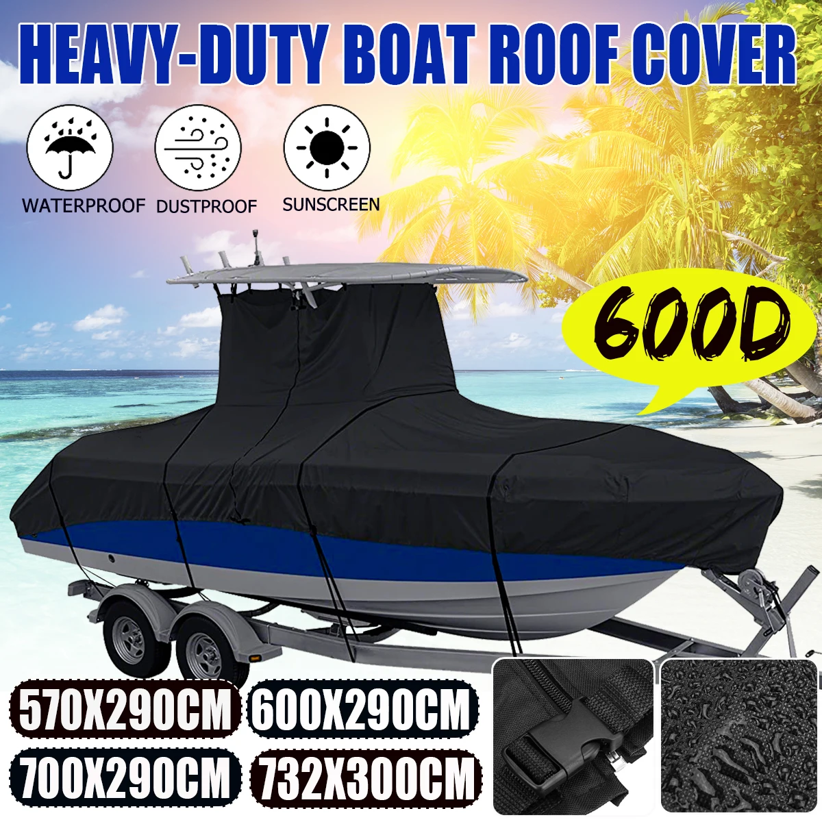 600D 16-24FT Waterproof Heavy-Duty Center Console T-Top Roof Boat Cover Sunscreen Marine Canvas Boat Accessories Yacht Cover
