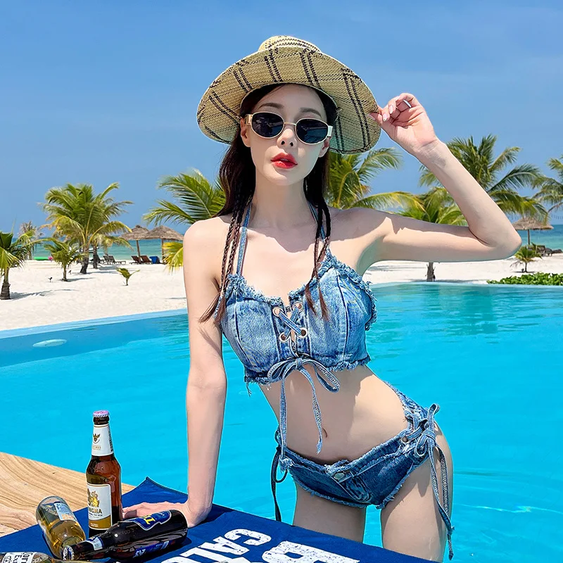 

2023 женские джинсы с вырезами, купальники с пуш-ап рукавами, джинсовый купальник из двух частей, пляжная одежда в Корейском стиле, бикини