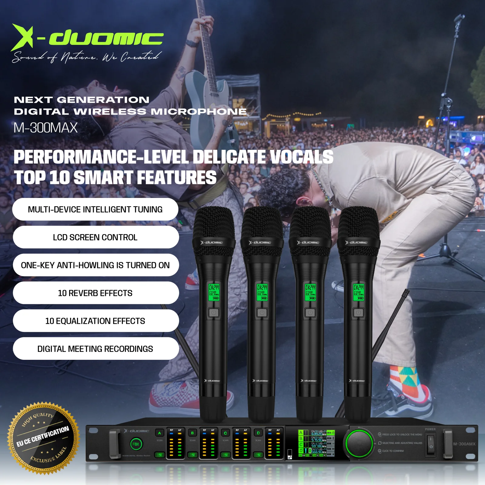X-DUOMIC M300MAX true diversity one to four wireless microphone professional stage performance balanced reverb anti-howling