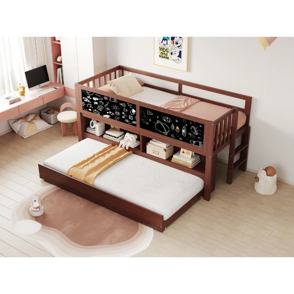 90x200cm ausziehbares Bett, mit Graffiti-Brett und offenem Stauraum, Kinder-Etagenbett aus Massivholz mit Kletterleiter, (ohne Matratze) – Detail 23