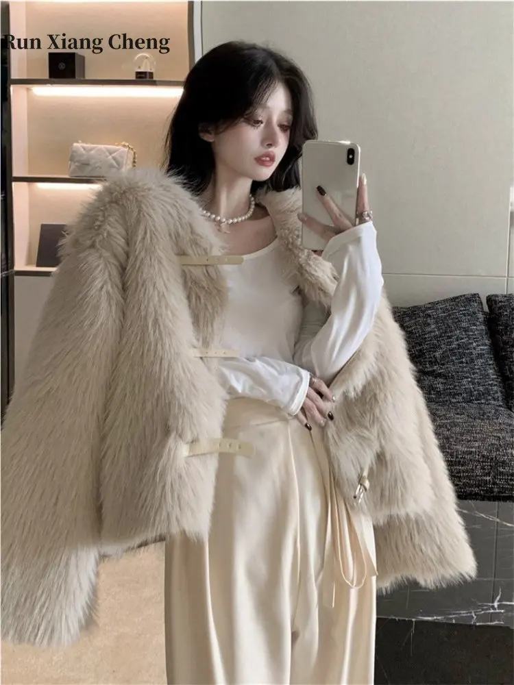 Winter Women's Plush Jacket Korean Fashion 2023 New Oversize Fluffy Faux Fur Jacket Chic Plush Designer Luxury Elegant Fur Coats