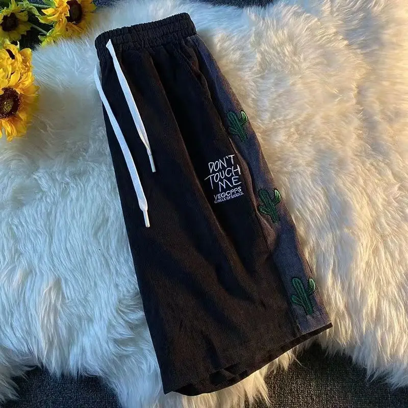 2023 Cactus Embroidered Summer Shorts Japanese Academy Style Antique Couple Capris Bomb Street Men's and Women's Sports Pants