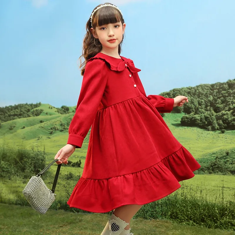 

2022 Spring Casual Dress For Girls Peter Pan Collar Long Sleeve Ruffle Hem Ball Gowns Children Kids Party Dresses Clothing