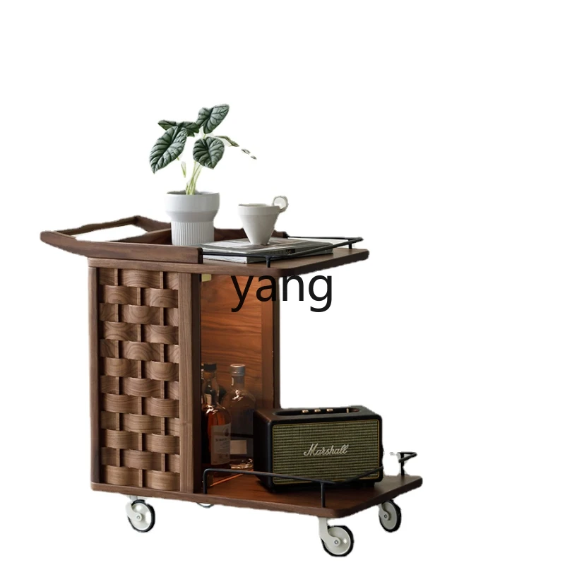 

ZWS Black Walnut Movable Side Table with Wheels Modern Light Luxury Restaurant Mobile Coffee Table Trolley