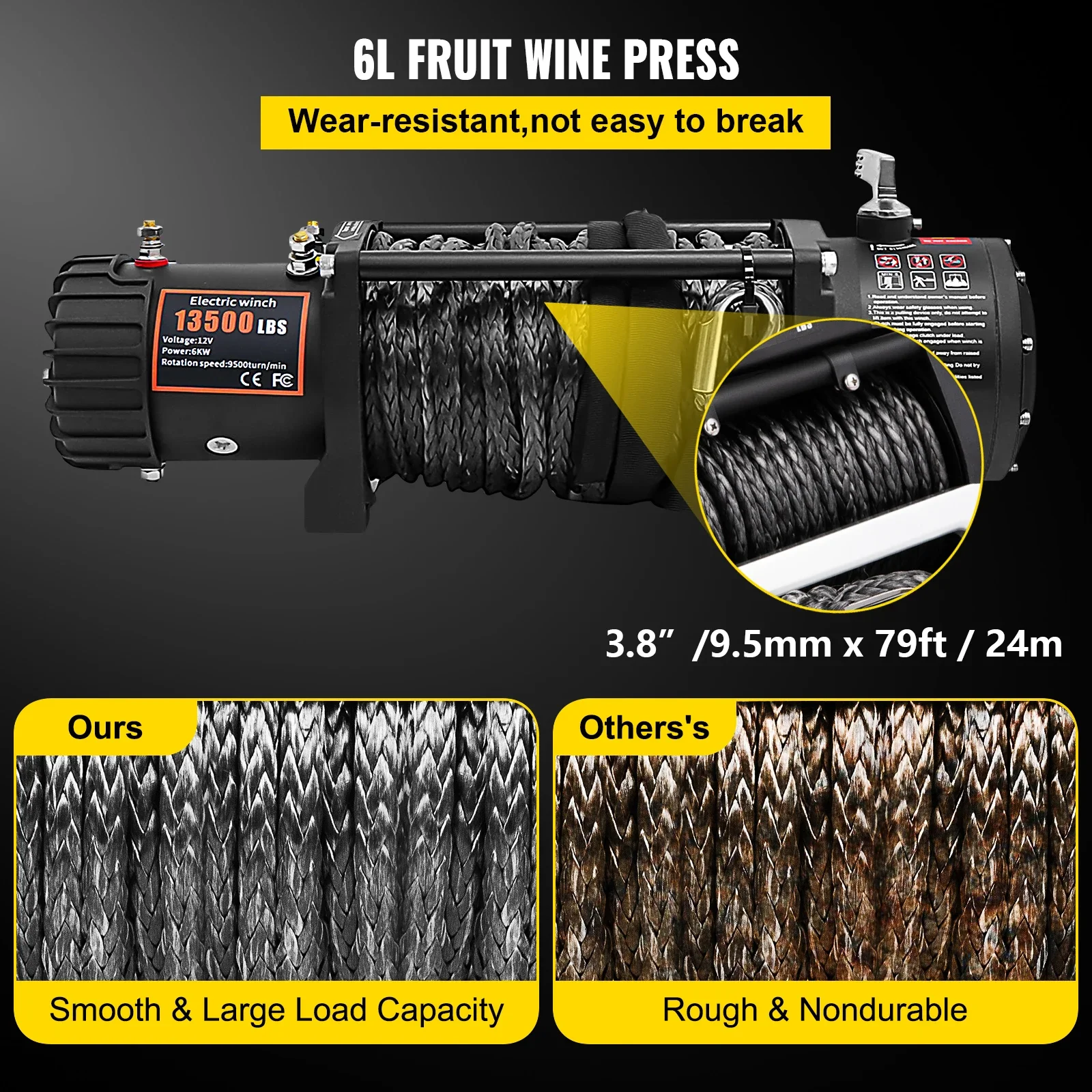 Verricello Elettrico 12V 13500lb - Corda Sintetica 24m, Telecomando Wireless, Per Fuoristrada - Foto 3