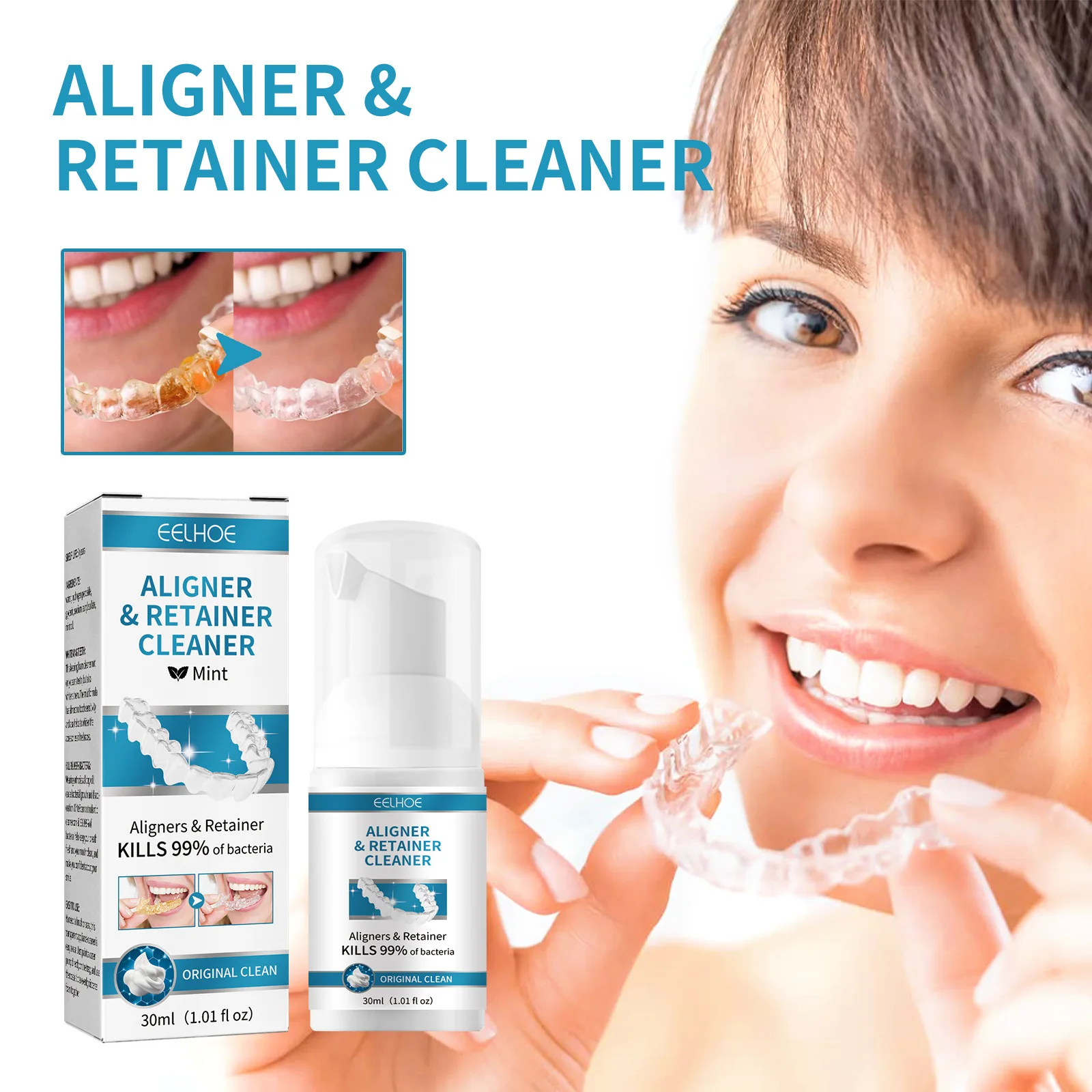 Aligner Denture Cleaner Foam Deep Cleaning Remove Braces Stains Reduce Bad Breath Odors Whitening Teeth Retainer Clean Care 30ml