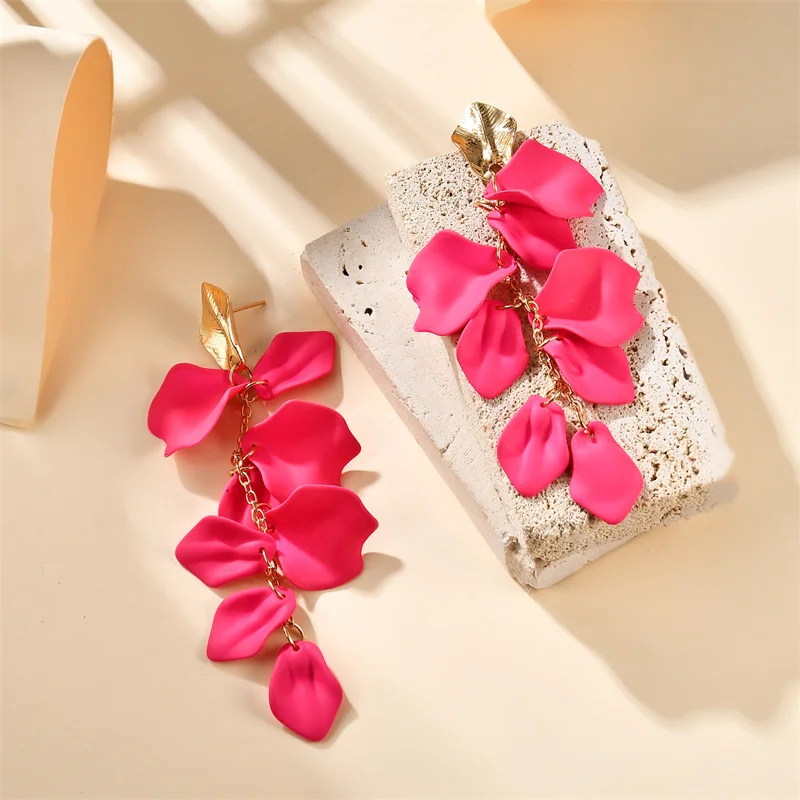 Gold Metal Leaf Acrylic Petal Tassel Earrings - Bold Floral Statement in Rose, Pink, and Orange
