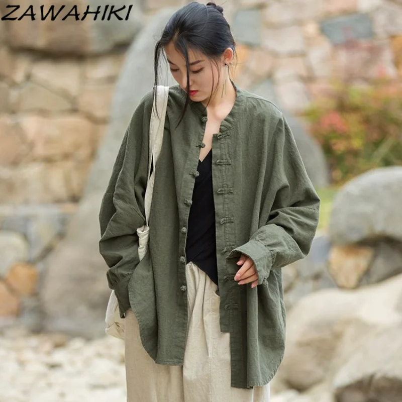 

Vintage Breasted Solid Color Long Sleeve Spring Autumn New Cotton Women Shirt Loose Casual Versatile Temperament Chic Tops