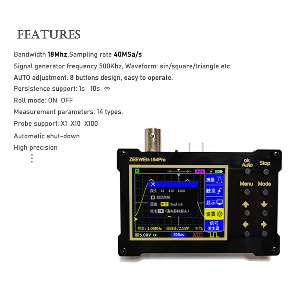 Digital Oscilloscope ZEEWEII DSO154Pro 2.4inch Screen Digital Oscilloscope 1MHz&18MHz Analog Bandwidth Support Signal Generator 40MSa/s Sampling Rate