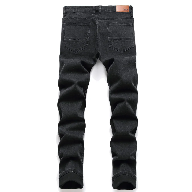 Men Paisley Bandanna Print Patch Jeans Streetwear Cracked Pleated Stretch Denim Biker Pants Ripped Patchwork Black Trousers
