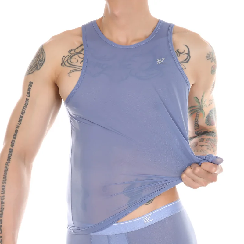 Summer Ice Silk Sleeveless Men T Shirt Mesh Breathable Quick Drying Thin Sports Undershirt Round Neck Elastic Tank Top Singlets