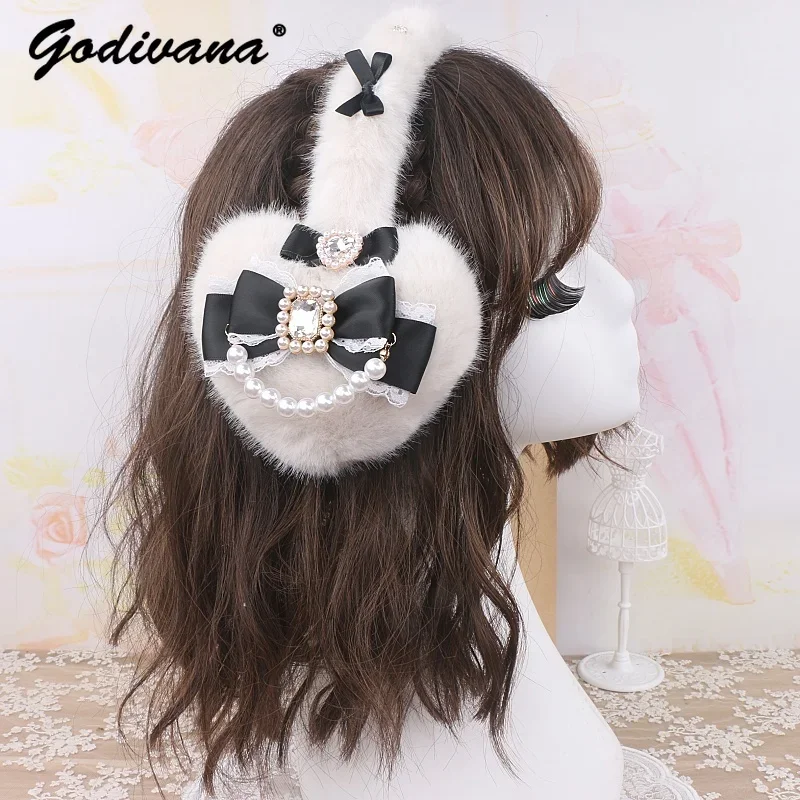Handmade Japanese Sweet Mine Hairy Rhinestone Big Love Bow Warm Earmuffs Lolita Sweet Girls Earmuffs warm earmuffs