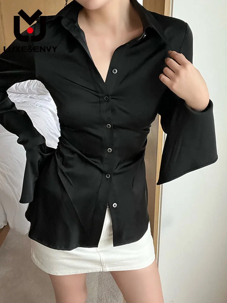

LUXE&ENVY Black Trendy Waistband Slimming Shirt For Women With A Sense Of Design Flared Sleeves Top Length 2023 Autumn