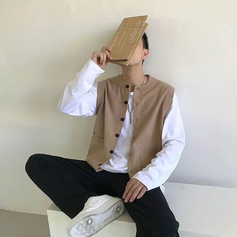 Solid Color Men's Knitted Vest Cardigan Waistcoat O-Neck Sweaters Male Streetwear Original Aesthetic Woven Clothing Deals