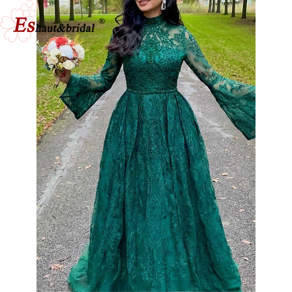 Elegant Muslim Emerald Green Evening Night Dresses 2023 High Neck Crystal Lace Long Sleeves Aline Formal Prom Wedding Party Gown