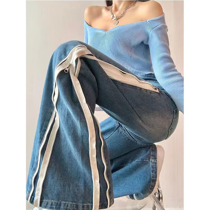 

Design Niche Y2k High Streetwear High Waist Baggy Jeans Women Side Zipper Wide Leg Vintage Slit Straight Denim Trousers Female