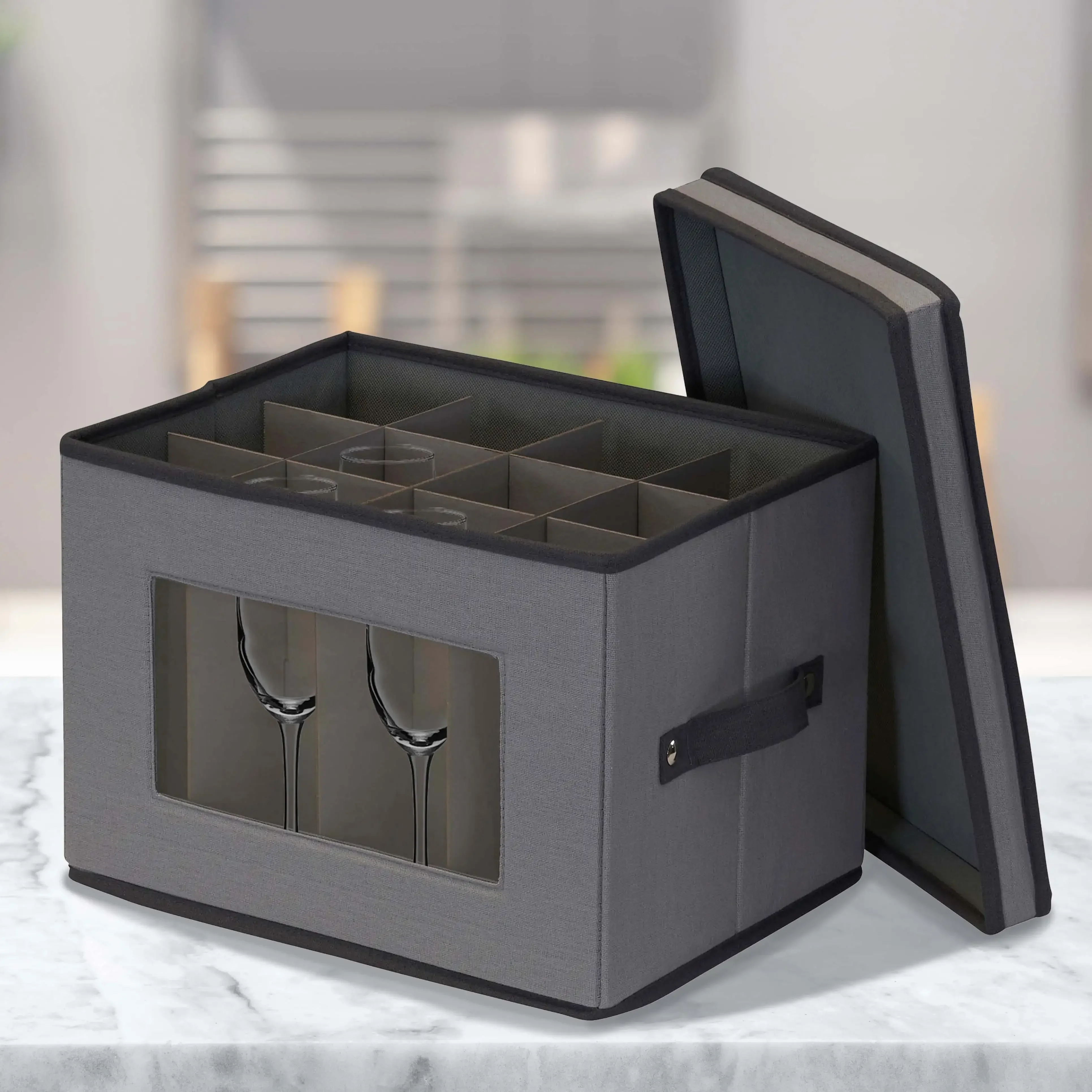 

g Champagne Flute Storage Box, 12 Sturdy Compartments, Foldable and Stackable Storage Box, Gray