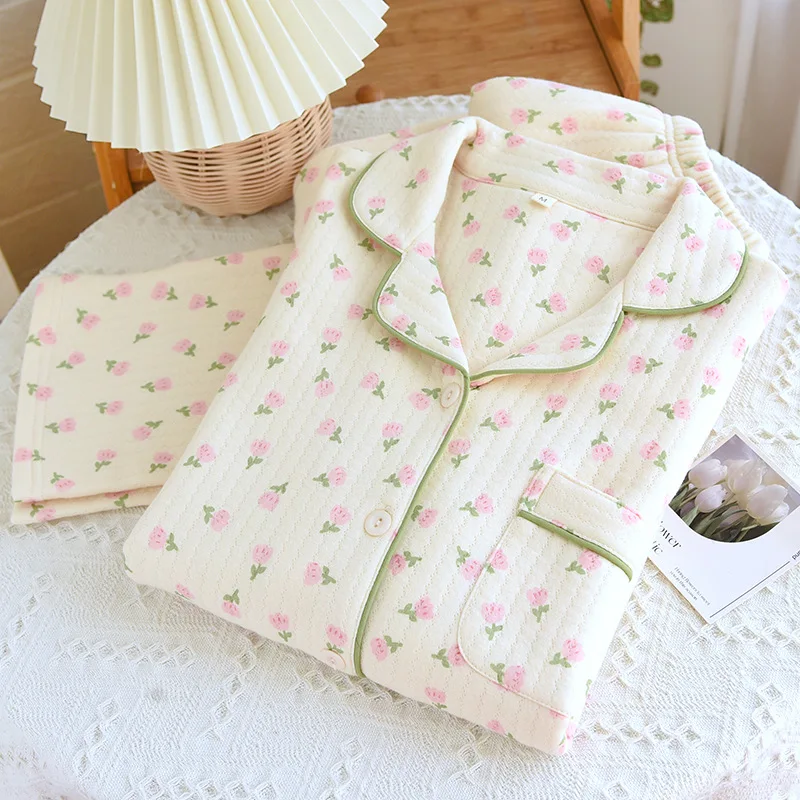 Pure Cotton Floral Print Pijama Sets For Women 2 Pieces Home Wear Sleepwear Women's Set Long Sleeve Female Underwear Pyjama