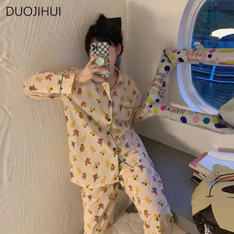 

DUOJIHUI Ins Classic Two Piece Female Pajamas Set Autumn New Chicly Printing Sweet Simple Fashion Casual Home Pajamas for Women