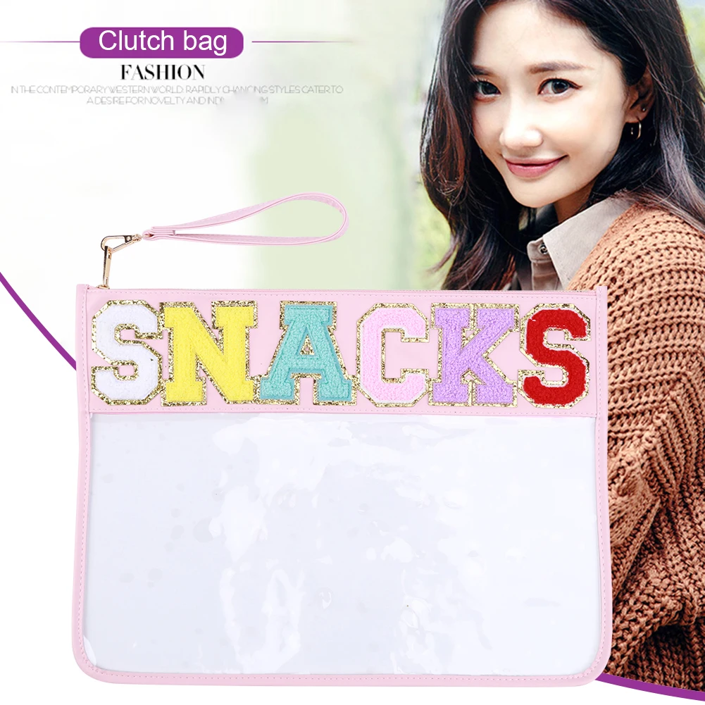 Hot Letter Patches Transparent PVC Cosmetic Bag Clutch Women Clear Travel Make up Cosmetic Bag Pouches Stuff Makeup Toiletry Bag