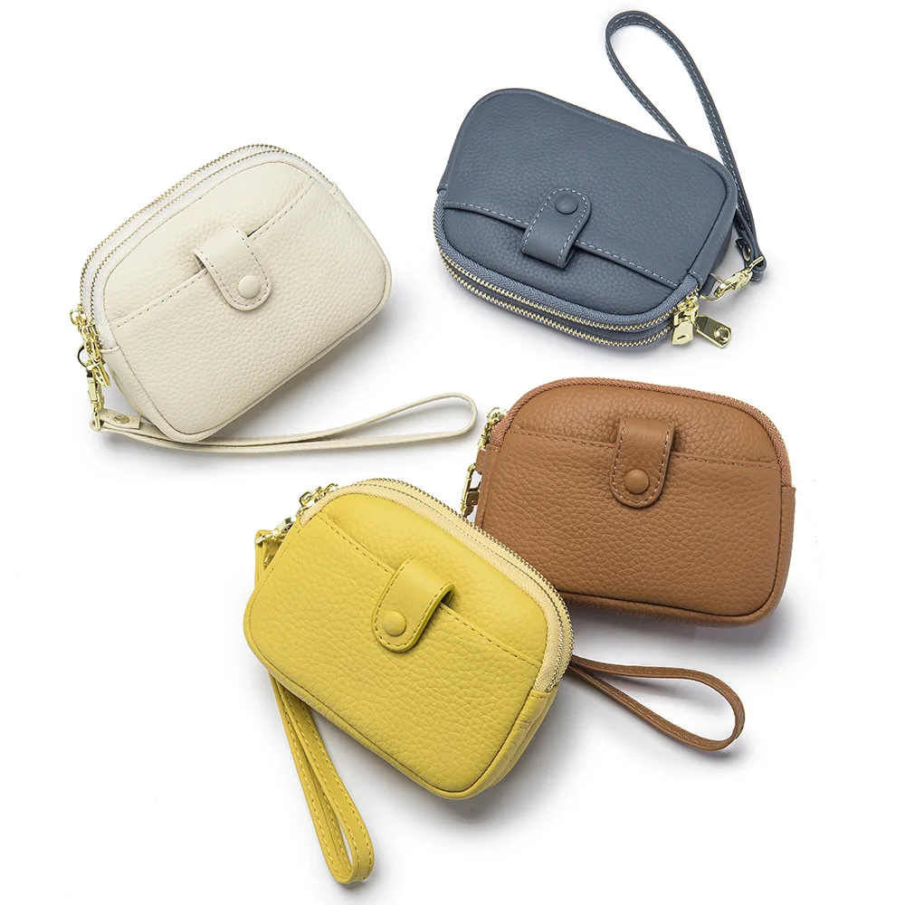 Double Zipper Leather Coin Purse Multifunctional Large Capacity Clutch Change Coin Pouch Travel Wallet for Women with Wristband